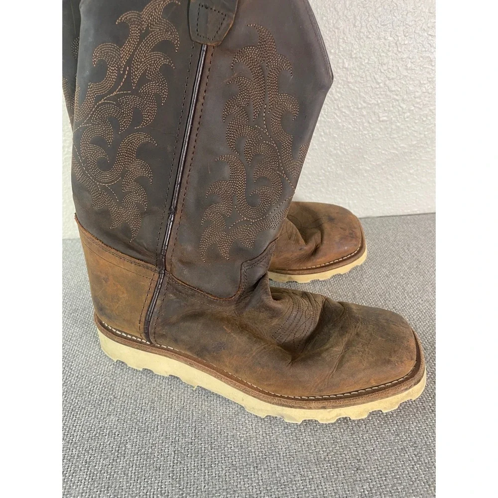 Old West Boys Brown Leather Western Cowboy Boots Square Toe Wedge Sole 4.5D